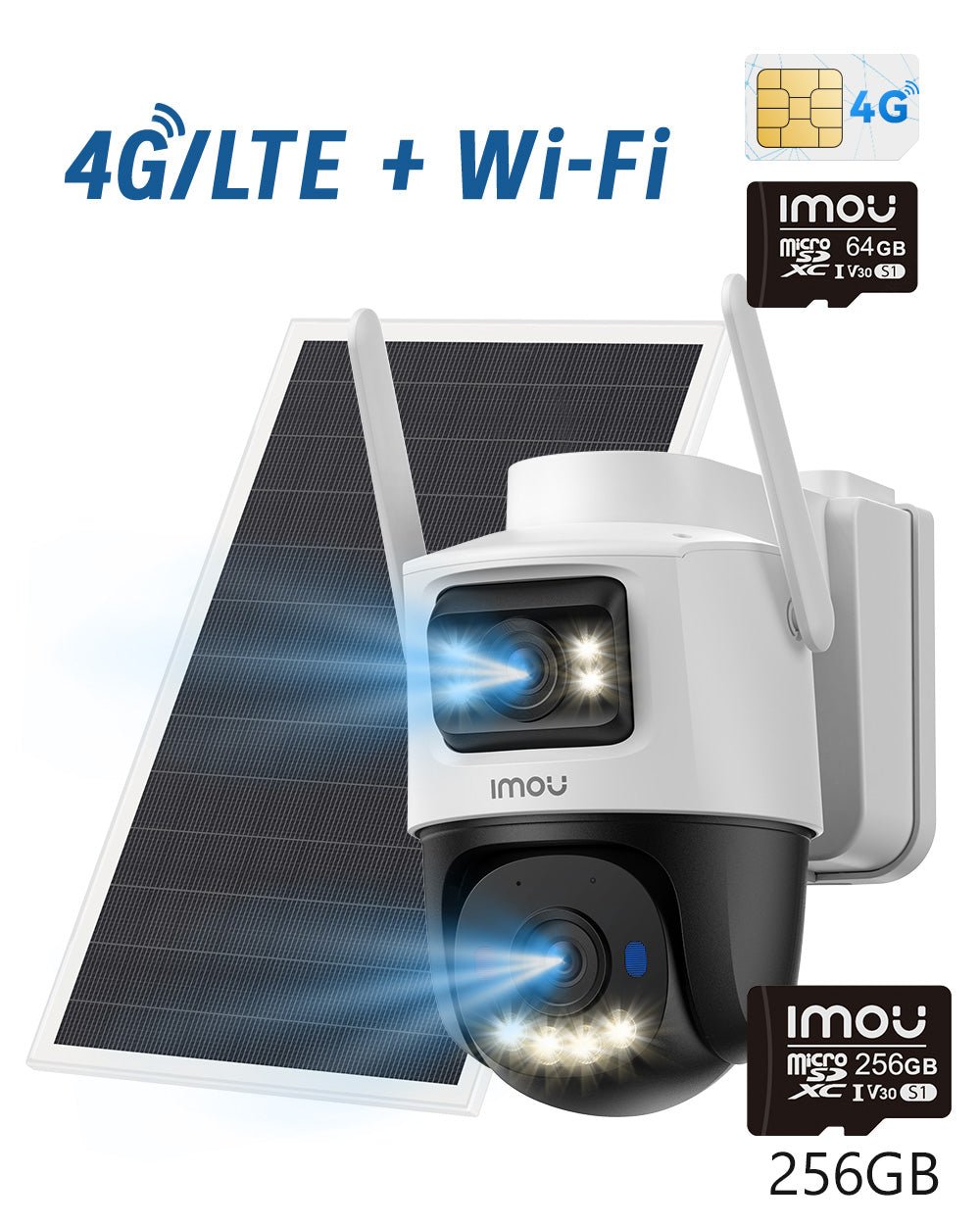 AOV Dual 3K 5MP 4G LTE & 2.4GHz Wi-Fi - IMOU Store5MP 3K with Solar Panel + SIM Card + 64GB Memory Card+ 256GB Memory Card