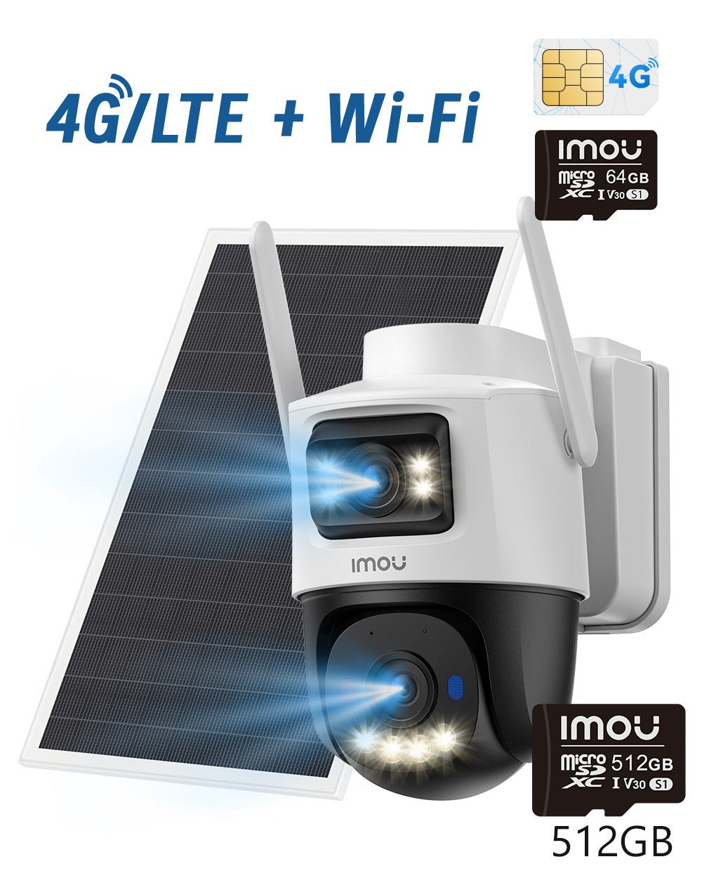 AOV Dual 3K 5MP 4G LTE & 2.4GHz Wi-Fi - IMOU Store5MP 3K with Solar Panel + SIM Card + 64GB Memory Card+ 512GB Memory Card